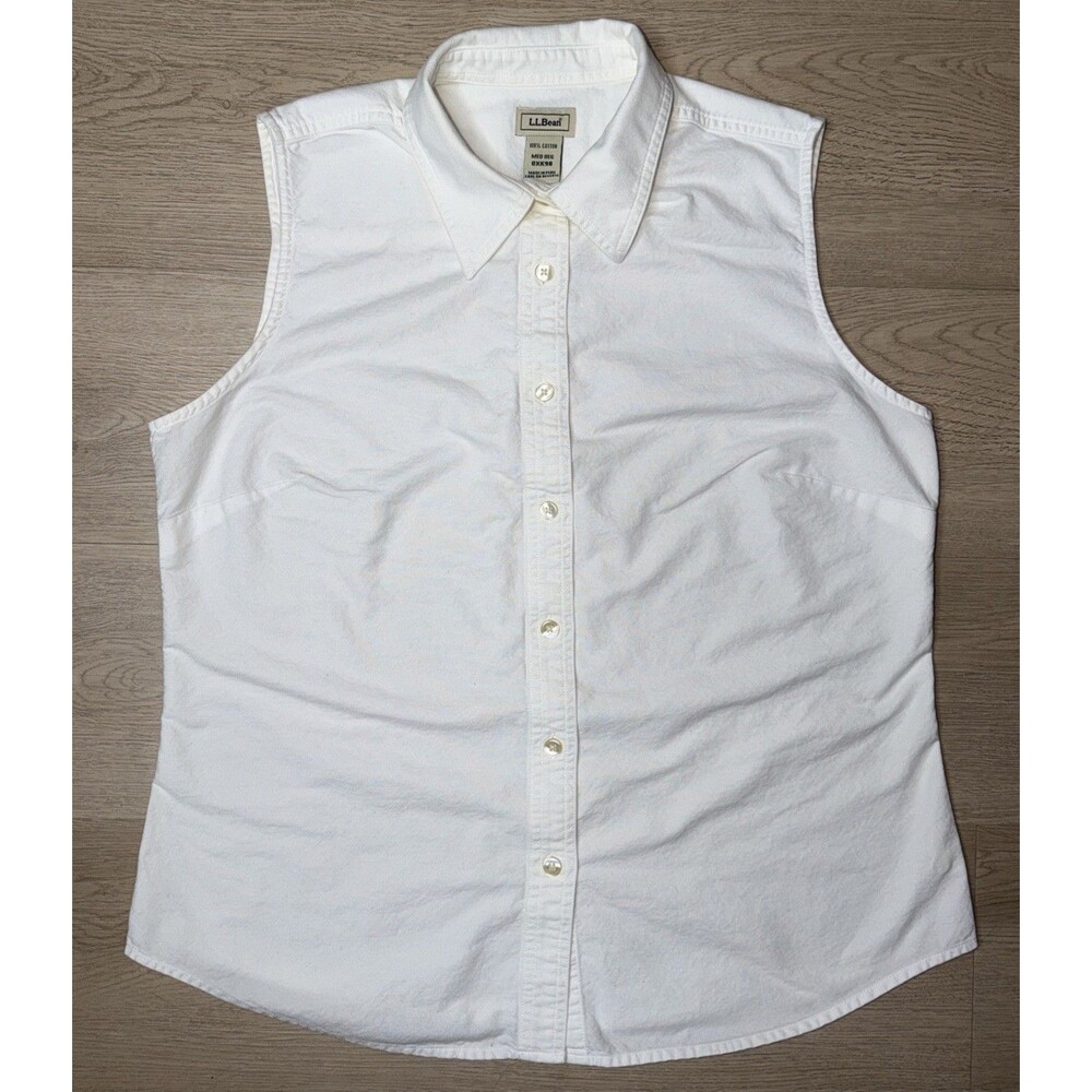L.L. Bean Women Medium Reg White Sleeveless Oxford Shirt Button Down Cotton Peru